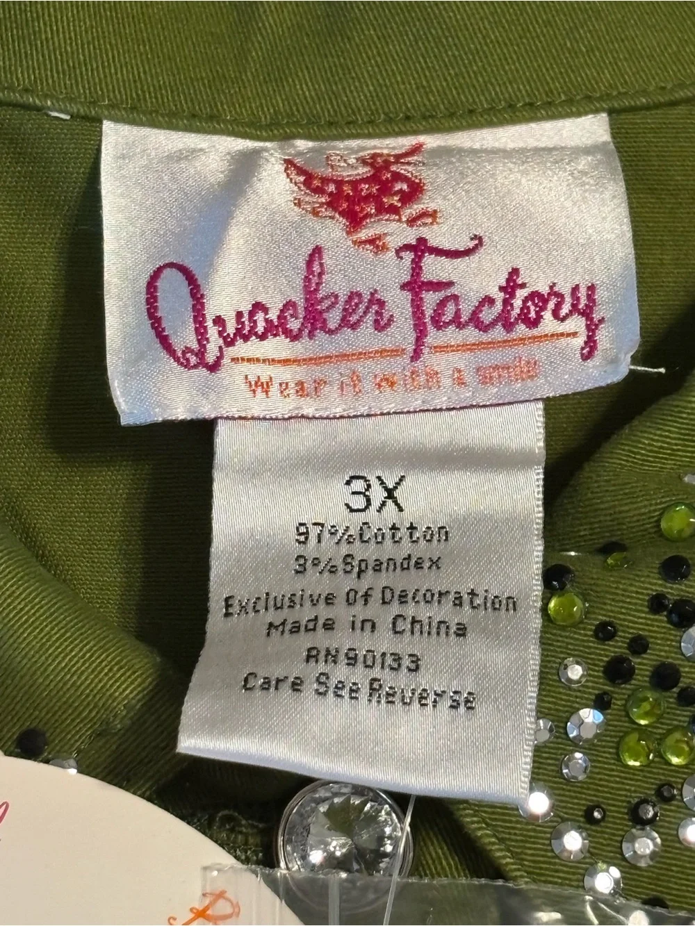 Quacker Factory Women’s 3X Olive Green Rhinestone Button Front Jacket NWT